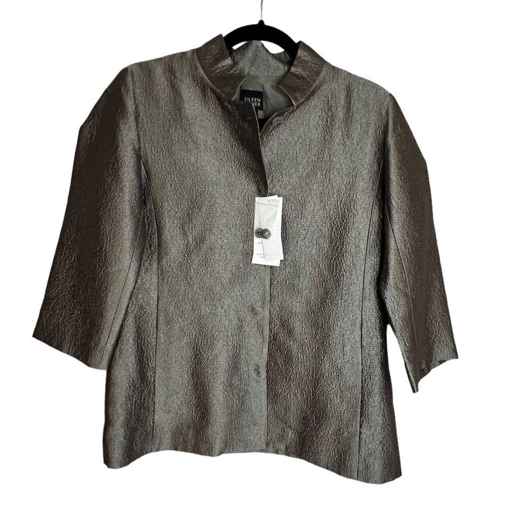 Eileen Fisher Metallic Gray Silk Blazer Quarter Sleeve Button Up Lined NWT